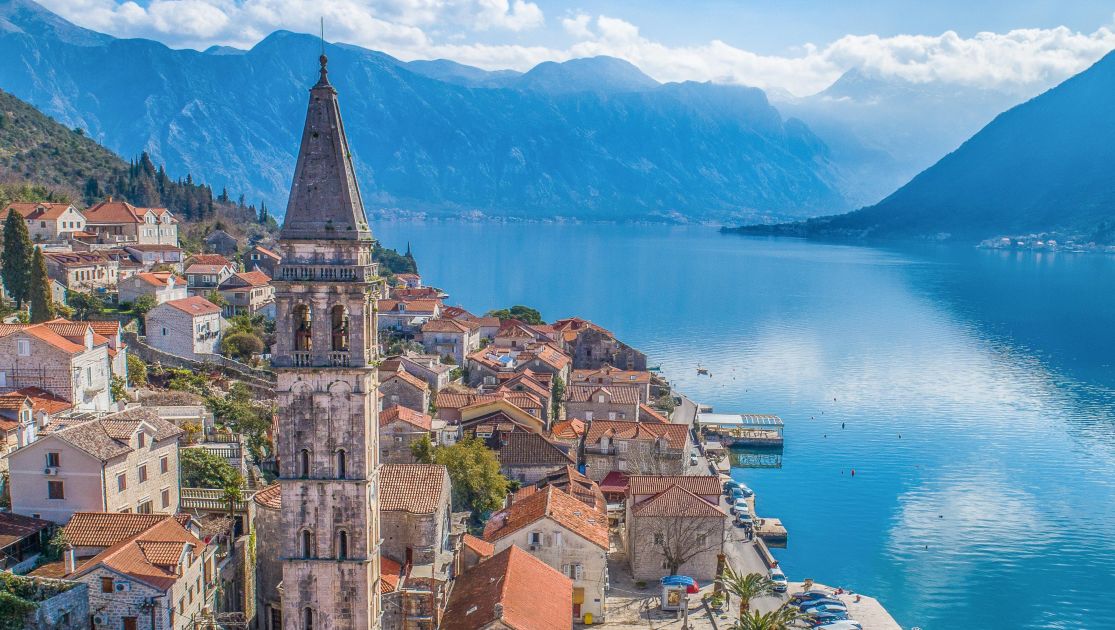 A View For Perast Old Town In Kotor Montenegro With The Sea And Mountains