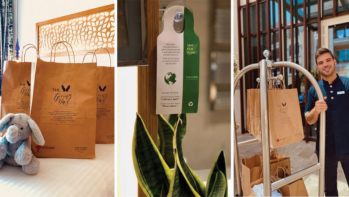 Combination of 3 images the first for a paper bag, the second with a don't disturb sign at chedi lustica bay, and the last for a smily Bellman beside the hotel cart.